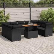 vidaXL 10 pcs conjunto sofás de jardim c/ almofadões vime PE preto