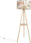 Candeeiro de pé tripé de madeira com abajur multicolorido com estampado de animais 50cm - Lou
