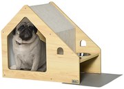 PawHut Casa para Cães de Madeira Casa de Interior para Cães com Comedouro 2 Tigelas de Aço Inoxidável e Almofada Suave Removível 62x40x54cm Carvalho e Cinza