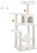 Árvore para gatos Feandrea, torre para gatos de 143 cm para gatos internos, condomínio para gatos de pelúcia multinível com 4 postes para arranhar, 2 poleiros, caverna, rede, pompons, branco creme PCT161T01