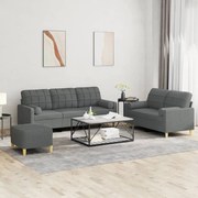 3 pcs conjunto de sofás com almofadas tecido cinzento-escuro