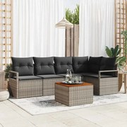 vidaXL Conjunto de Sofá de Jardim com 6 Peças e Almofadas Cinza em Rattan de Polietileno e Madeira de Acácia