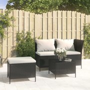 3 pcs conjunto lounge de jardim c/ almofadões vime PE preto