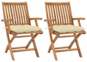vidaXL Cadeiras de jardim c/ almofadões branco creme 2 pcs teca maciça