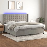 Cama box spring c/ colchão/LED 200x200 cm veludo cinzento-claro