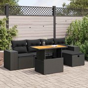 vidaXL 6 pcs conjunto sofás jardim c/ almofadões vime PE/acácia preto