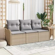 vidaXL Conjunto Sofá de Jardim de 3 Peças com Almofadas Beiges e Rattan