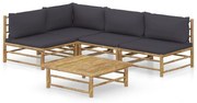 vidaXL 5 pcs conj. lounge jardim em bambu c/ almofadões cinza-escuro
