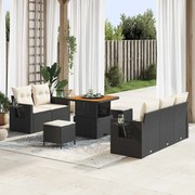 vidaXL Conjunto de Sofá de Jardim 8 Peças com Almofadas Pretas de Rattan e Poliéster Acácia