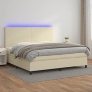 Cama box spring c/ colchão/LED 200x200cm couro artificial creme