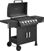Outsunny Barbecue a Gás com 6 Queimadores 15 kW Termómetro Grelha de Aquecimento Bandeja de Gordura 2 Rodas 135x51x101 cm Preto | Aosom Portugal