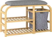 HOMCOM Banco para sapatos com almofada de assento, 2 prateleiras de ripas e cesto de tecido deslizante, 70x30x45cm, madeira natural | Aosom Portugal