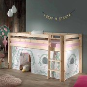 Conjunto Cama alta de Criança PINO 90 x 200 cm + estrado + escada + cortina Passaros Natural