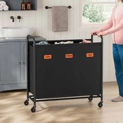 Cesto da roupa suja 170 L com rodas e 3 compartimentos Preto