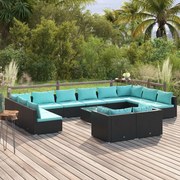 vidaXL 13 pcs conjunto lounge de jardim c/ almofadões vime PE preto
