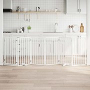 vidaXL Portão para cães com porta dobrável, 6 painéis, branco, 300 cm, madeira de álamo