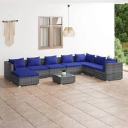 9 pcs conjunto lounge de jardim c/ almofadões vime PE cinza