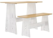 Mesa de jantar com banco pinho maciço castanho mel/branco