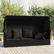vidaXL Sofá lounge de exterior c/ toldo e almofadões vime PE preto
