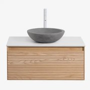 Conjunto De Móvel De Casa De Banho Suspenso 80x50 Cm Em Madeira De Freixo Tedrik Castanho Fresno & Cimento Cinzento Redondo Ø40 Cm Tarsis - Sklum