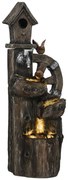 Outsunny Fonte de Jardim 2 em 1 com Casa para Pássaros Fonte de Água com Luzes LED Bomba Fonte Decorativa com Troncos de Árvore Multicor