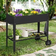Floreira de jardim elevada 95 x 40 x 80 cm com pernas e prateleira inferior com rodas e pernas de metal preto