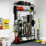 Organizador equipamento desportivo com rodas 132 x 40,5 x 194 cm, estrutura metálica, 4 ganchos e suporte adicional para 3 sacos de golfe e acessórios