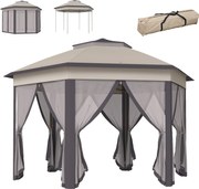 Outsunny Tenda Dobrável 4x3,4 m Hexagonal com Duplo Teto 6 Mosquiteiras Destacáveis e Saco de Transporte Castanho e Bege | Aosom Portugal