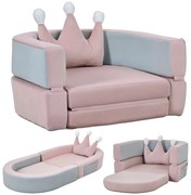 AIYAPLAY Sofá para Crianças com Almofada em Forma de Coroa Dobrável em Cama e Zona de Brincadeiras 116x61x14 cm Rosa e Azul Acinzentado | Aosom Portugal