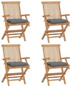 vidaXL Cadeiras de jardim c/ almofadões cinzentos 4 pcs teca maciça