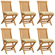 vidaXL Cadeiras de jardim c/ almofadões branco nata 6 pcs teca maciça