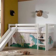Cama alta de Criança PINO 90 x 200 cm + estrado + escada + escorrega + cortina Dinossauros Branca