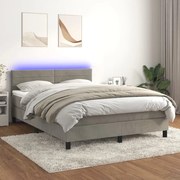 Cama box spring c/ colchão/LED 140x200 cm veludo cinzento-claro