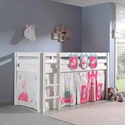 Conjunto Cama alta de Criança PINO 90 x 200 cm + estrado + escada + cortina + 3 bolsas Princesa Branca