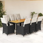 vidaXL 9 pcs conjunto de jantar p/ jardim c/ almofadões vime PE preto