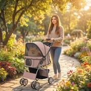 Carrinho para Cães Pequenos com Cesto de Armazenamento Suporte para Copos Rodas e Almofada Lavável 77x44x102 cm Castanho