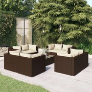 9 pcs conjunto lounge jardim c/ almofadões vime PE castanho