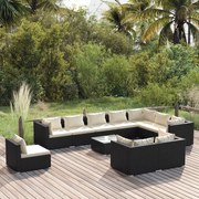 11 pcs conjunto lounge de jardim c/ almofadões vime PE preto