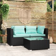 3 pcs conjunto lounge de jardim c/ almofadões vime PE preto