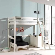 Cama alta de Criança PINO 90 x 200 cm + estrado + escada + armário com 2 portas + sofá-cama Branca