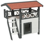PawHut Casa para Gatos de Madeira 77x50x73cm Casa para Gatos com 2 Níveis com Teto Asfáltico Terraço Cercado Caverna e Escada Branco | Aosom Portugal