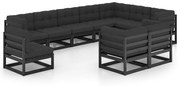 vidaXL 10 pcs conjunto lounge jardim c/ almofadões pinho maciço preto