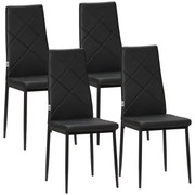 HOMCOM Conjunto de 4 Cadeiras de Sala de Jantar Estofadas em Couro Sintético com Encosto Alto e Pés de Aço 41x50x97cm Preto | Aosom Portugal