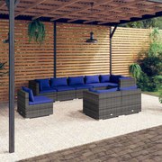 9 pcs conjunto lounge de jardim c/ almofadões vime PE cinzento