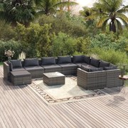 11 pcs conjunto lounge de jardim c/ almofadões vime PE cinzento