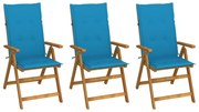 vidaXL Cadeiras de jardim dobráveis c/ almofadões 3 pcs acácia maciça