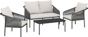 Outsunny Conjunto de mobiliário de jardim 4 peças Polyrattan Lounge-Set com sofá de dois lugares 2 poltronas mesa de centro almofadas removíveis fitas de fixação | Aosom Portugal