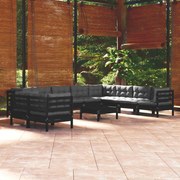 11 pcs conjunto lounge jardim c/ almofadões pinho maciço preto