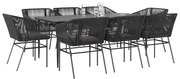 vidaXL Conjunto de jantar jardim 9 peças almofadas vidro vime PE preto