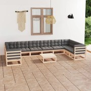 11 pcs conjunto lounge de jardim c/ almofadões pinho maciço